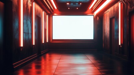 Neon-lit hallway with blank screen and elevators.