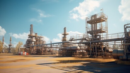 Fototapeta premium Panoramic view of a petrochemical plant with blue sky