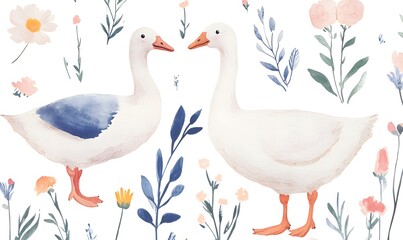 Lovely goose and wildflowers children's illustration, Generative AI