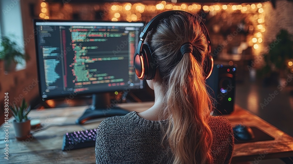 Poster person coding at a computer with headphones on.