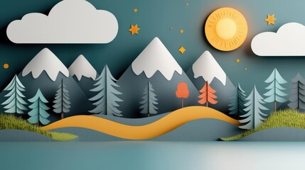 Enchanting Snowy Mountain Landscape with Starry Night Sky and Glowing Sun   Idyllic winter nature scene with snow capped peaks towering trees and a glowing celestial display in the starry heavens