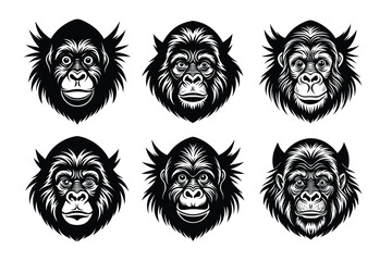 Set of orangutan head silhouette vector illustration