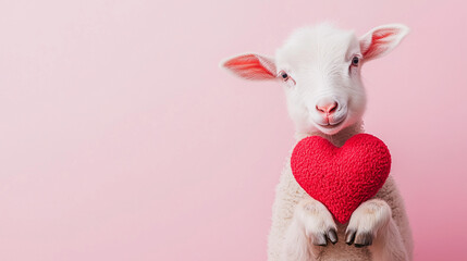 Adorable Lamb with Heart: A charming lamblet, standing on its hind legs, gently holds a plush red heart against a soft pink background. Perfect for Valentine's Day, spring.