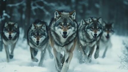 Fototapeta premium Pack of grey wolves running through snowy forest.