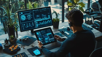 Fototapeta premium A modern workspace equipped with advanced wearables, supplements, and fitness gear, where a focused individual analyzes data on a tablet to optimize health and performance.
