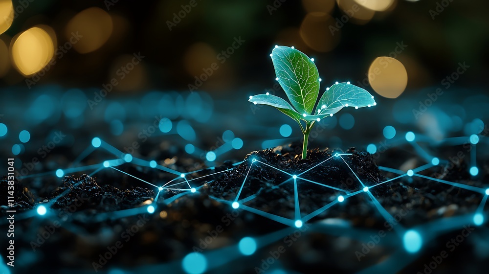 Poster green seedling emerging from soil with digital network connection on dark background