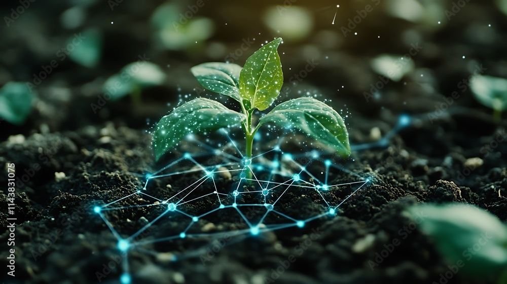 Aufkleber green seedling emerging from soil with digital network connection symbolizing growth and technology