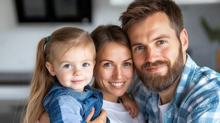 Obraz premium A loving family of three a father mother and young daughter cuddling and smiling together on a comfortable couch in their living room enjoying time and bonding with each other in a warm