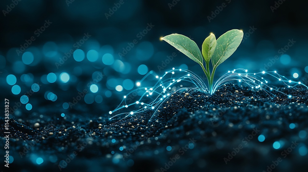 Poster green seedling sprouting from dark soil with digital sparkles and technology elements in background