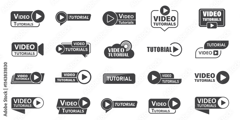 Poster play video tutorials icon set in flat style. education software vector illustration on isolated back