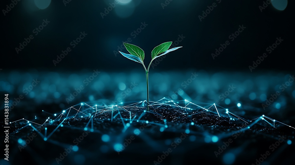 Poster green seedling sprouting from soil surrounded by digital network connections and data points
