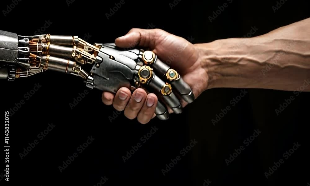 Poster two hands are a symbol of technological progress. a human hand shakes a robot's hand. concept: devel