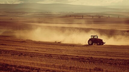 Fototapeta premium Tractor working the field, raising dust into the air, vast landscape extending far back, natural daylight, 24-70mm focal length.