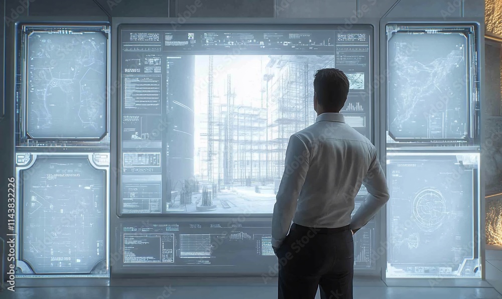 Poster a person observes a futuristic digital interface displaying architectural plans.