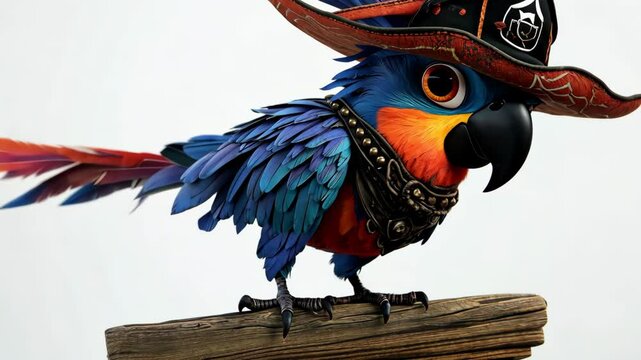 Colorful parrot dressed as a pirate stands proudly on a wooden perch ready for adventure
