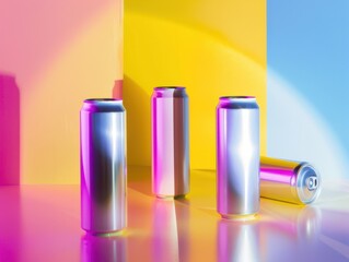 Trendy drink cans on a colorful background, emphasizing modern design and style. Bright setting with artistic lighting.