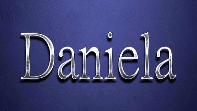 3D Chrome name design of Spanish name Daniela on blue Background.