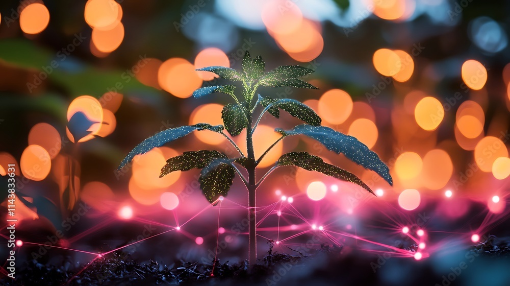 Poster luminous seedling growing in a sparkling environment with abstract bokeh background effects