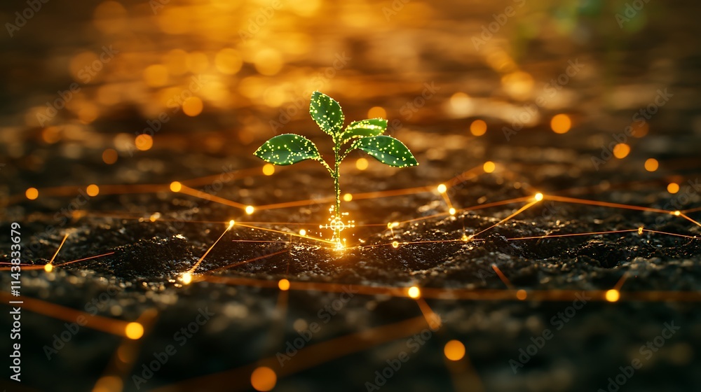 Aufkleber luminous seedling growing in digital network with sparkling nodes and earthy background