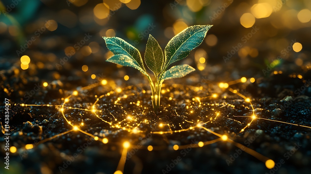 Poster lush green seedling emerging from dark soil with sparkling light and digital network motif