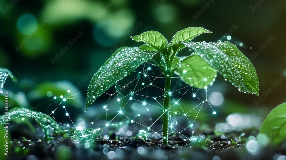 Aufkleber lush green seedling sprouting in soil with dew drops and futuristic digital connection visualization