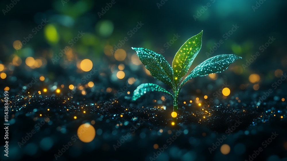 Poster lush green sprout emerging from soil with glowing particles and atmospheric bokeh effect