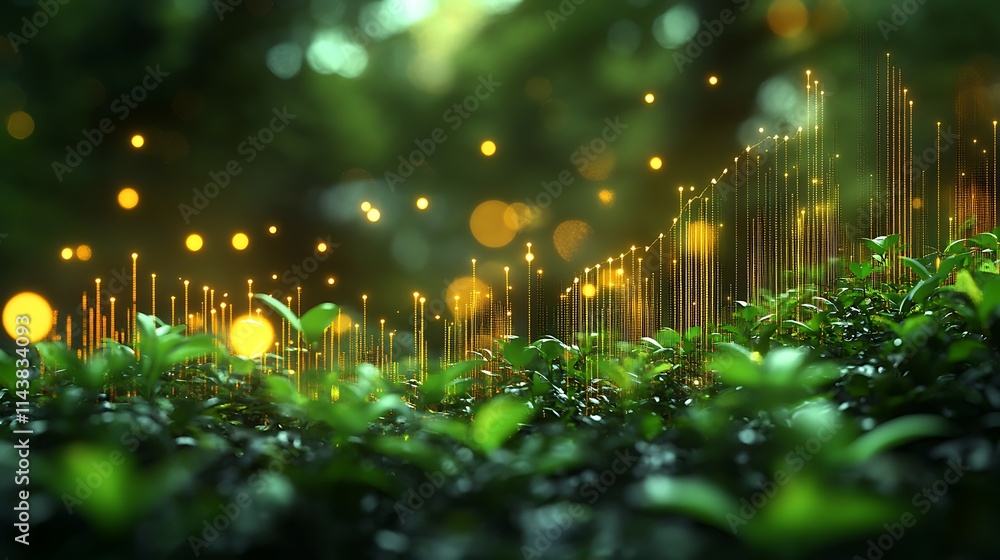 Aufkleber lush greenery with glowing lights and abstract data visualization concept in nature scene