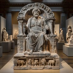 Obraz premium Majestic ancient stone statue of a seated emperor, intricately carved with detailed drapery and a throne adorned with animal figures, displayed in a museum hall.