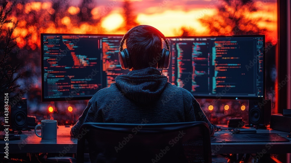 Aufkleber programmer working at dual monitors during sunset.