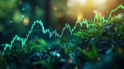 Nature meets finance concept with green stock market graph overlay amid lush forest background