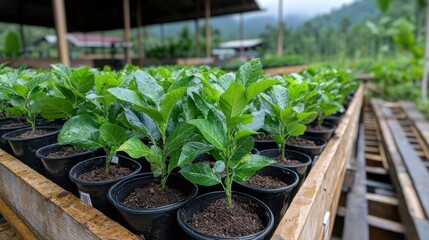 Close up view of various healthy young green plants including seedlings and saplings growing in pots inside an eco friendly greenhouse or nursery setting  The image showcases a sustainable