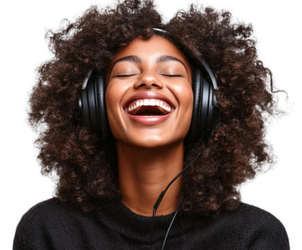 Joyful woman with curly hair listening to music on headphones isolated on transparent background. - Powered by Adobe