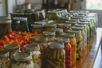 Variety of canned vegetables, home canning and preserving. Bright indoor setting with natural lighting.