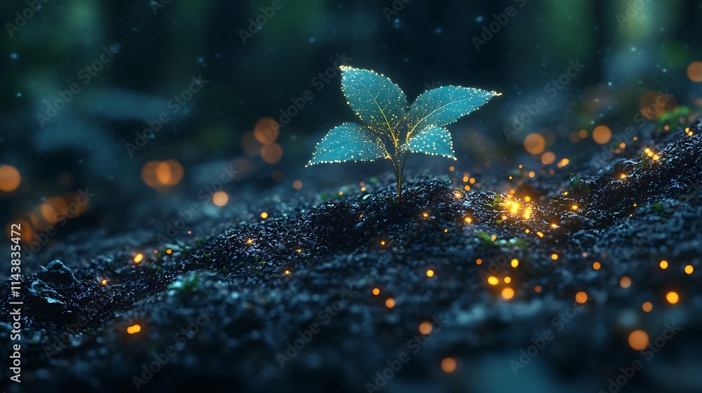 Poster sparkling seedling emerging from soil in enchanted forest with glowing particles