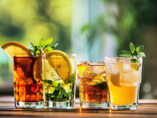 Various drinks in glass cups, focusing on color and design in drink presentation. Bright indoor setting with natural lighting.