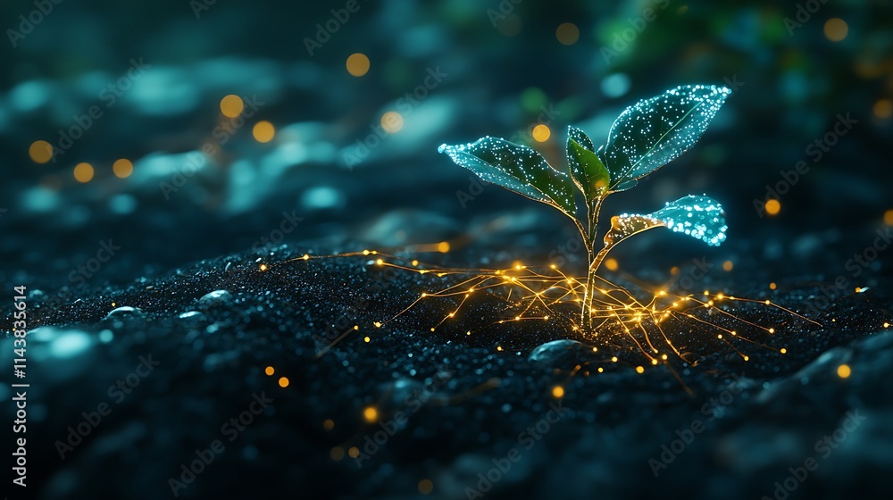 Poster sparkling seedling growing in dark soil with twinkling roots illuminated by soft glow
