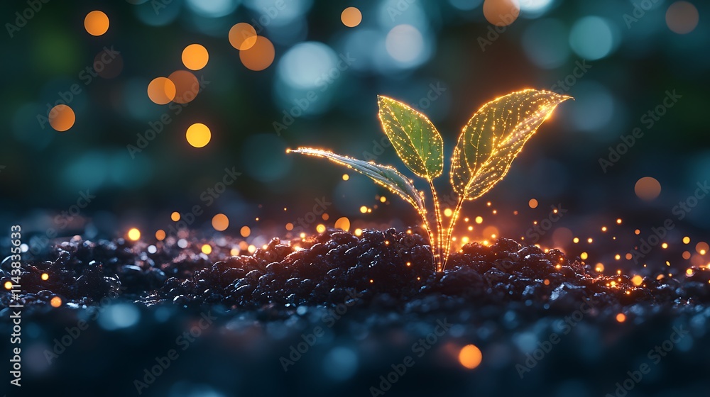 Aufkleber sparkling seedling growth on dark soil with glowing light effects and bokeh background