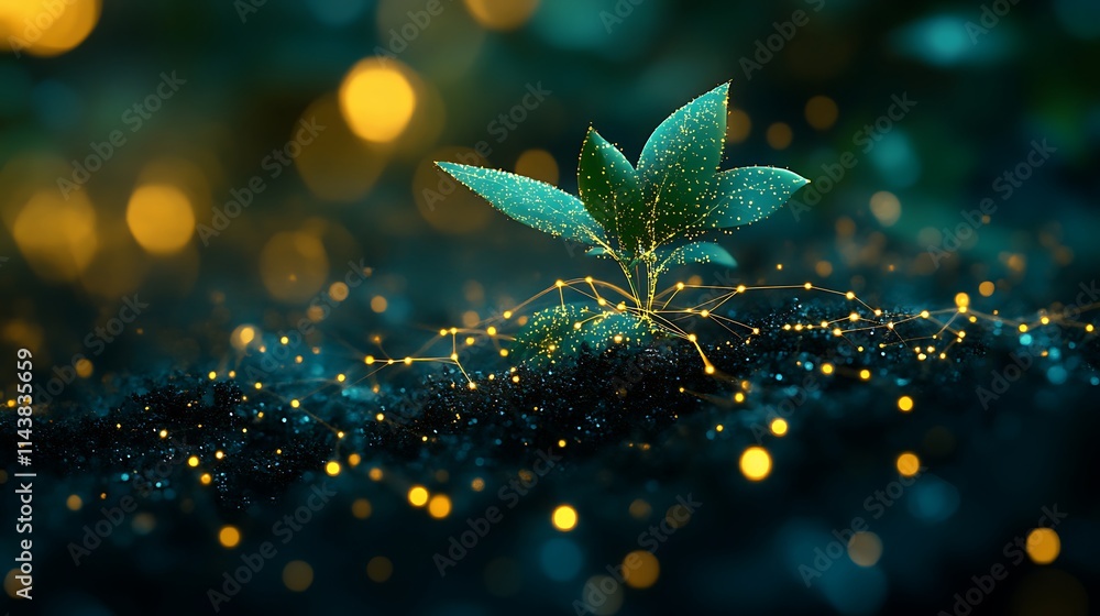 Poster sprouting plant with glowing particles and bokeh effect in enchanting natural background