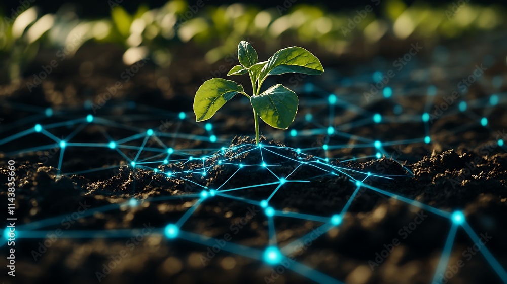 Poster sprouting seedling in ground with digital network connections representing innovation and growth