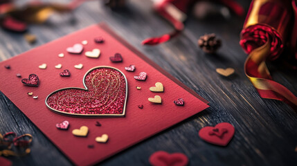 Romantic Greeting Card with Glitter Heart and Colorful Paper Hearts on Rustic Wooden Table Surrounded by Festive Decorations and Ribbons for Celebrating Love and Affection