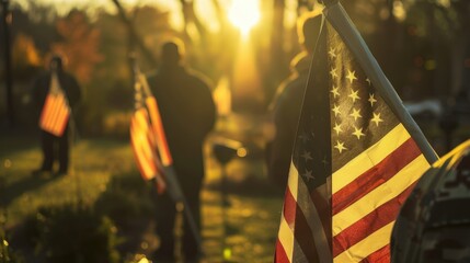 Veterans with flags standing in remembrance, medium shot capturing the solemnity and respect, natural sunlight.