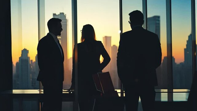 Silhouettes of Success: A powerful silhouette captures three business professionals gazing out over a panoramic cityscape at sunrise, symbolizing ambition, vision, and the pursuit of greatness.  