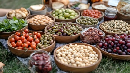 Abundant picnic spread with various olives, beans, grapes, and tomatoes in wooden bowls.