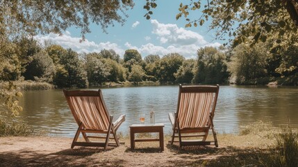 Fototapeta premium Two lounge chairs face a calm lake under trees.