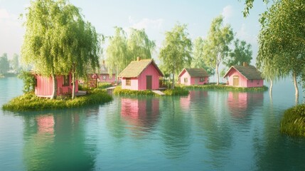 Obraz premium Idyllic pink houses on tranquil islands in calm water, surrounded by lush greenery under a clear sky.