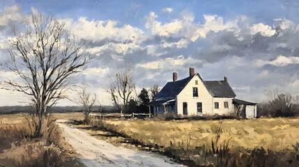Fototapeta premium simple oil painting of a rural farm house, Generative AI