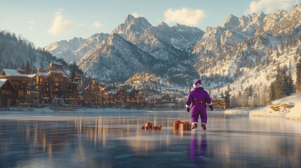 Santa ice skates across frozen lake towards snowy village at sunset, carrying gifts.