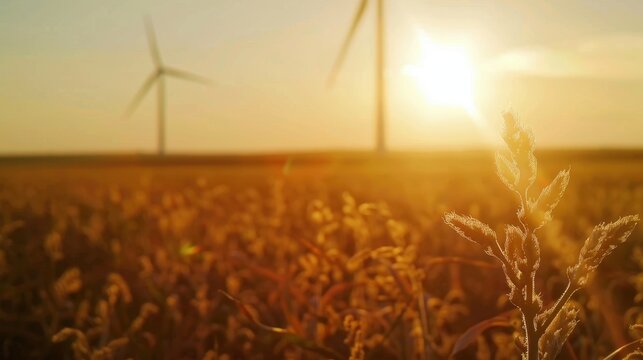 Wind turbines against a sunset backdrop, symbolizing the use of renewable energy in the agricultural sector, golden hour lighting.