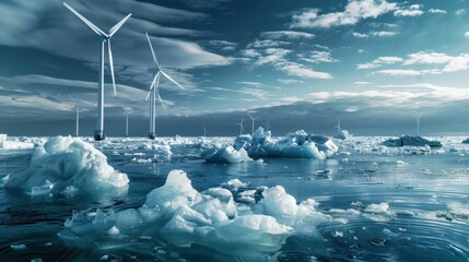 Wind turbines amidst melting icebergs in Arctic waters, powerful environmental message, cold and clear lighting.