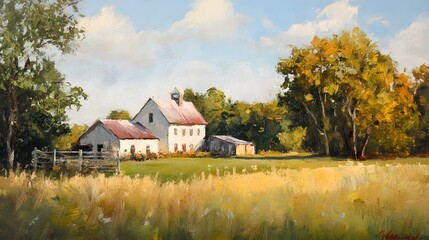 Obraz premium simple oil painting of a rural farm house, Generative AI